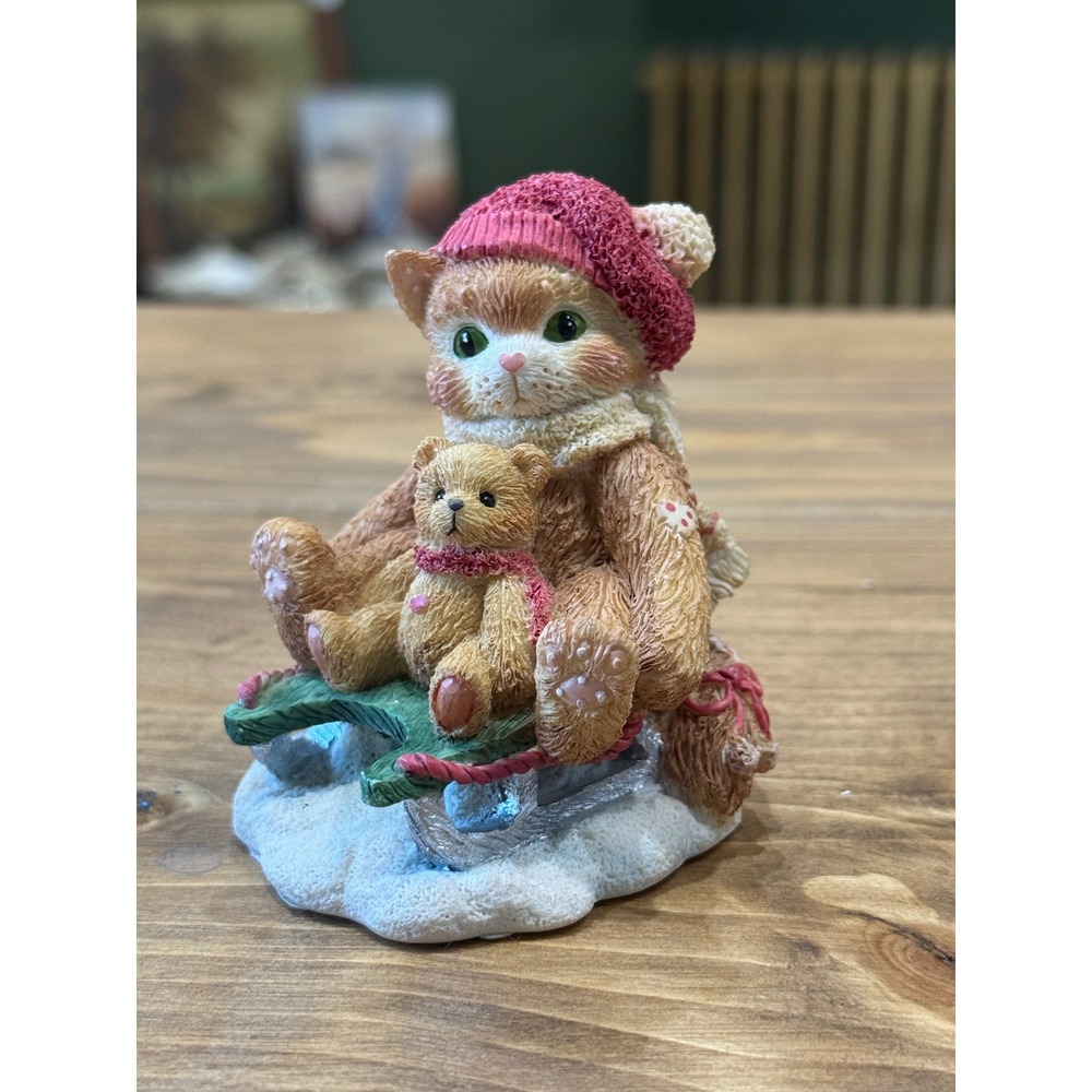 Calico Kittens Hold On To Friendship Figurine Cat Teddy Bear Sled 1994